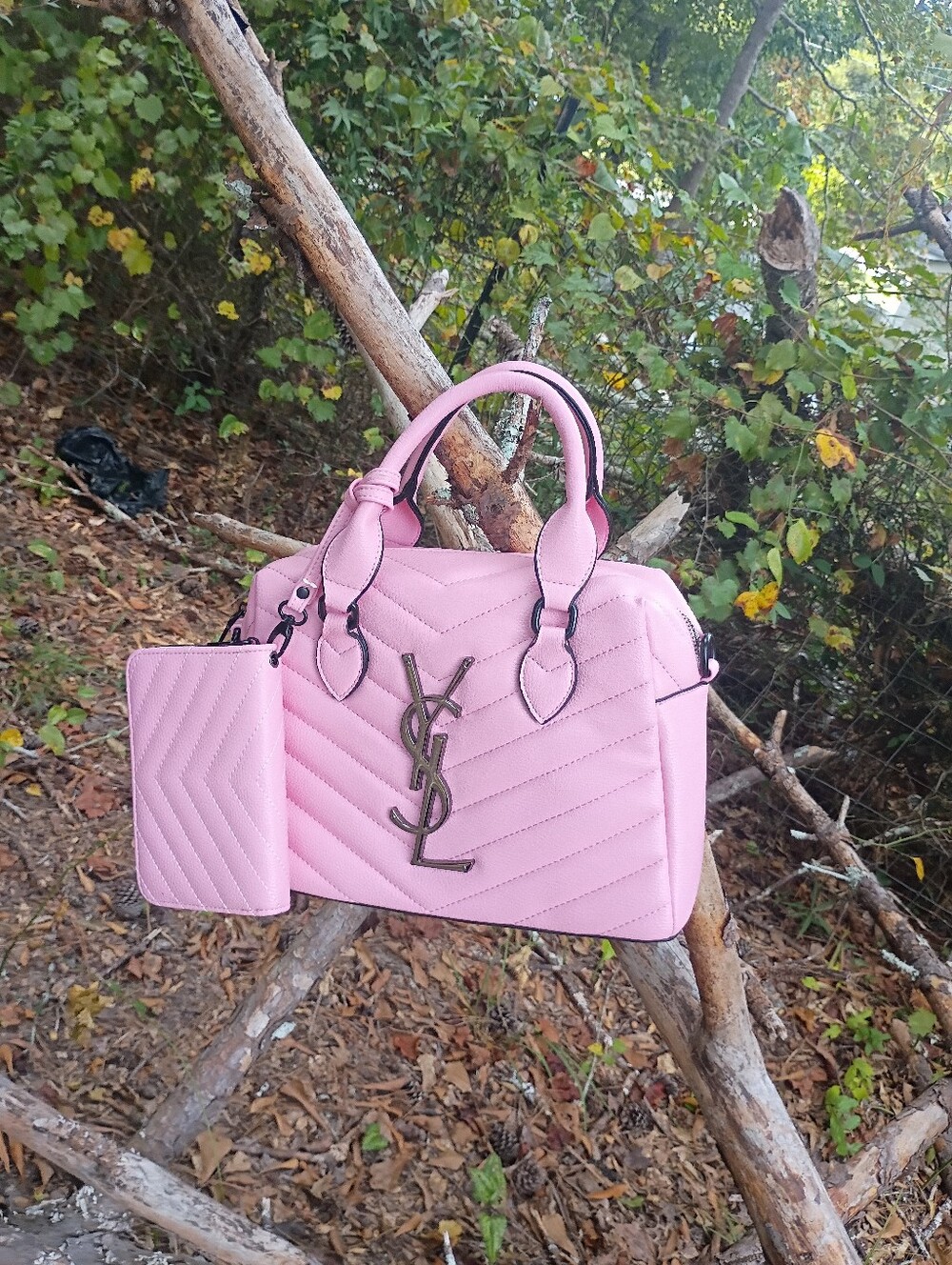 Woman's Pink Quilted Satchel with Matching Pouch